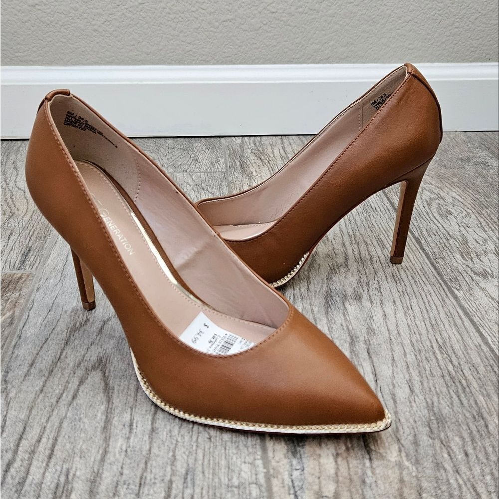 BCBG Harlia Congac Heels with Gold Tone Chain Trim